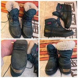 Sorel green winter Boots ladies 6 removable felt shearling liners